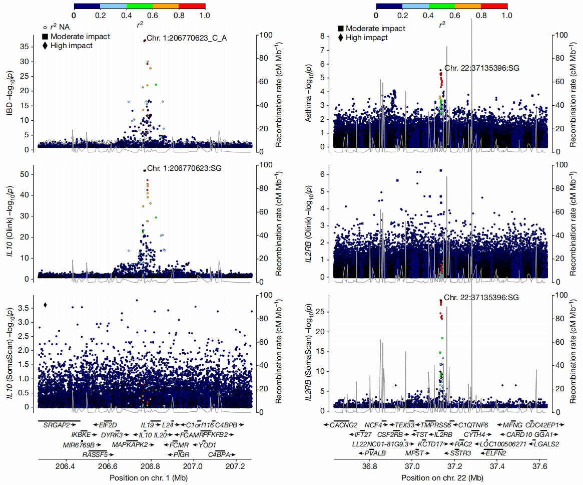 Genetic association plots with recombination rates for multiple genes.