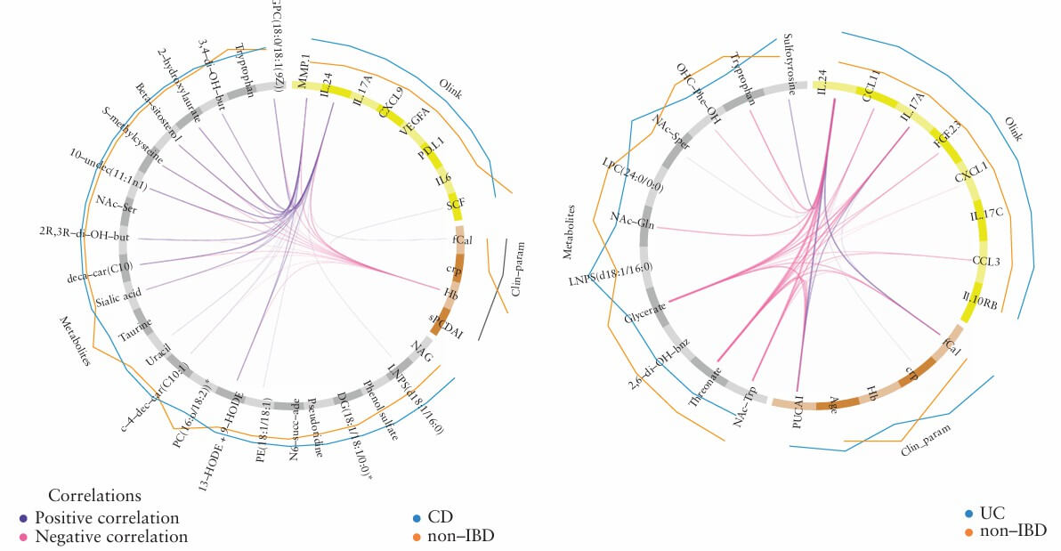 Side-by-side circular plots showing positive and negative correlations between CD, UC, and non-IBD groups.