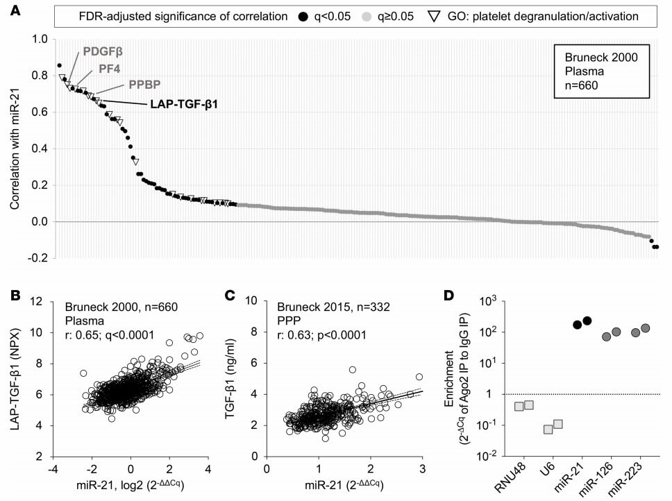 miR-21 correlation with platelet TGF-β1 and enrichment data.