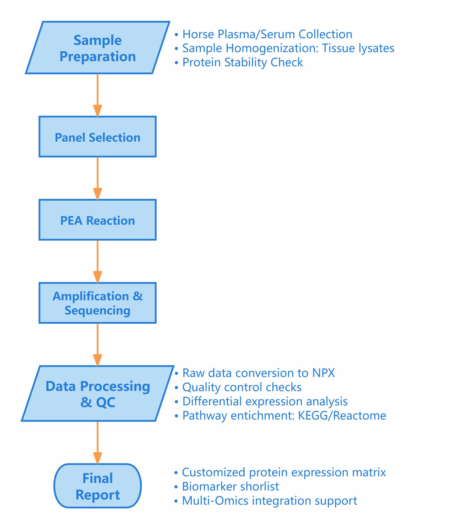 Proteomics workflow from sample preparation to final biomarker report.