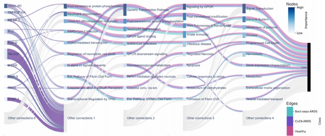 Sankey diagram of multi-omics data flow in sepsis & COVID-19 ARDS vs. healthy.