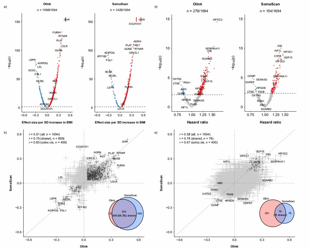 Olink and SomaScan biomarker comparison for BMI and traits.