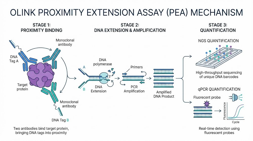Diagram of the Olink Proximity Extension Assay showing dual antibodies binding a target protein, DNA tag hybridization, extension, and PCR-based quantification