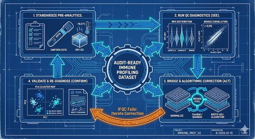 A blueprint-style diagram illustrating a four-step cyclical QC workflow for immune profiling