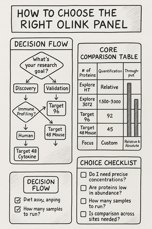 Infographic guide comparing Olink panels with decision flow, panel comparison, and checklist for research selection