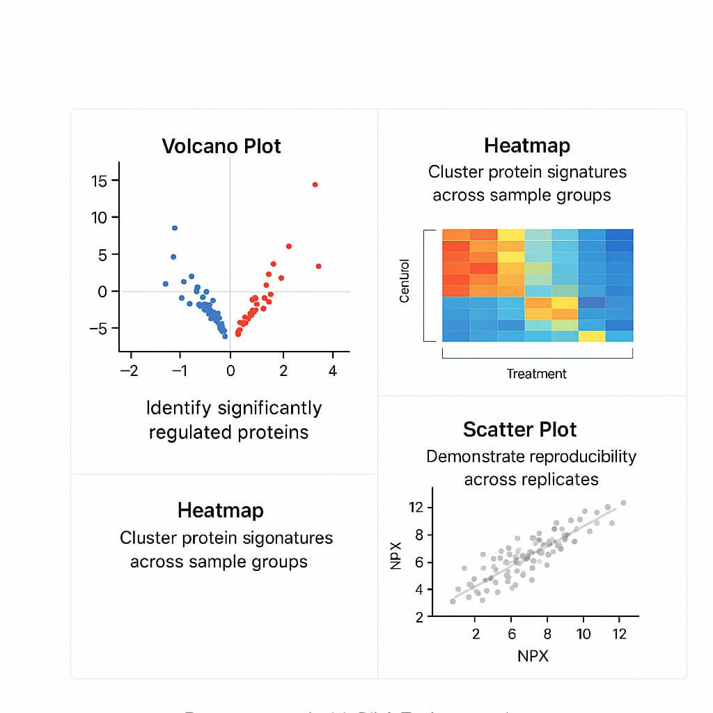 Explore 3072/384 Demo Results – Volcano Plot, Heatmap, and Scatter Plot from Olink Explore panels showing protein regulation, expression clustering, and reproducibility.
