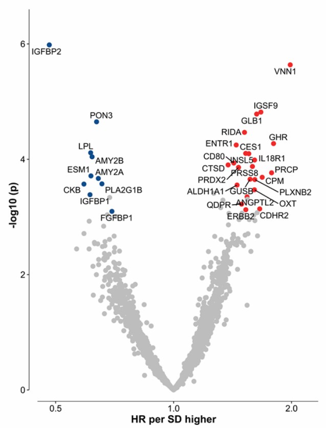 Proteomics study linking 2,941 elevated proteins to diabetes risk per 1-SD increase in observational cohort.