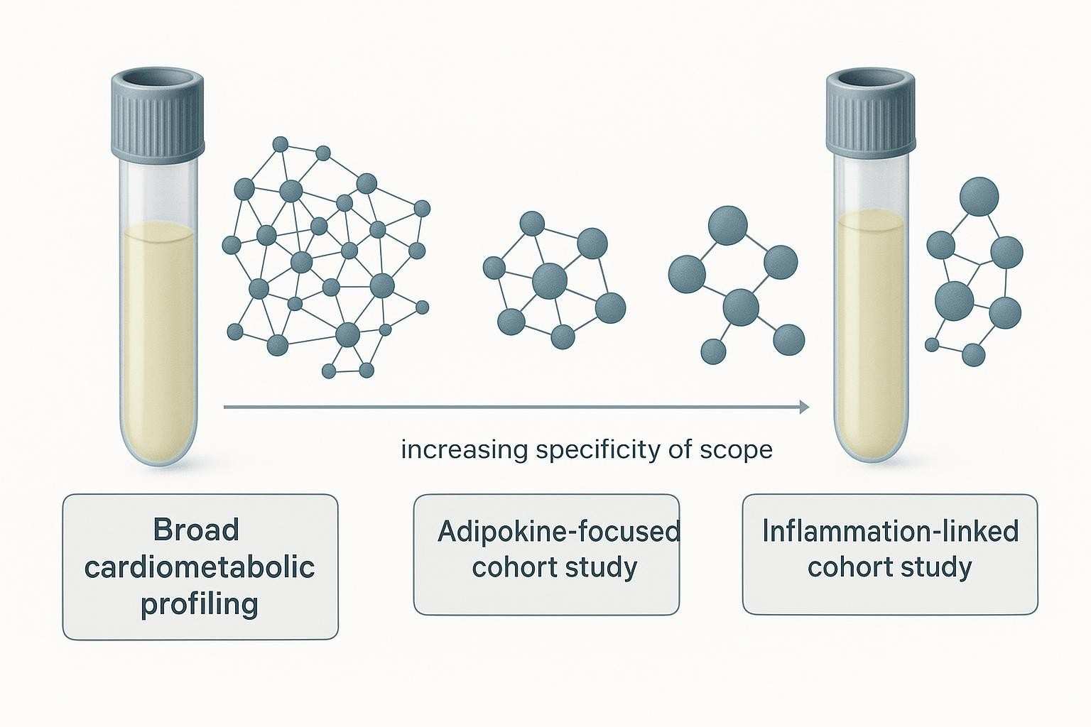 Comparison figure showing three cardiometabolic cohort study types: broad cardiometabolic profiling, adipokine-focused cohort study, and inflammation-linked cohort study