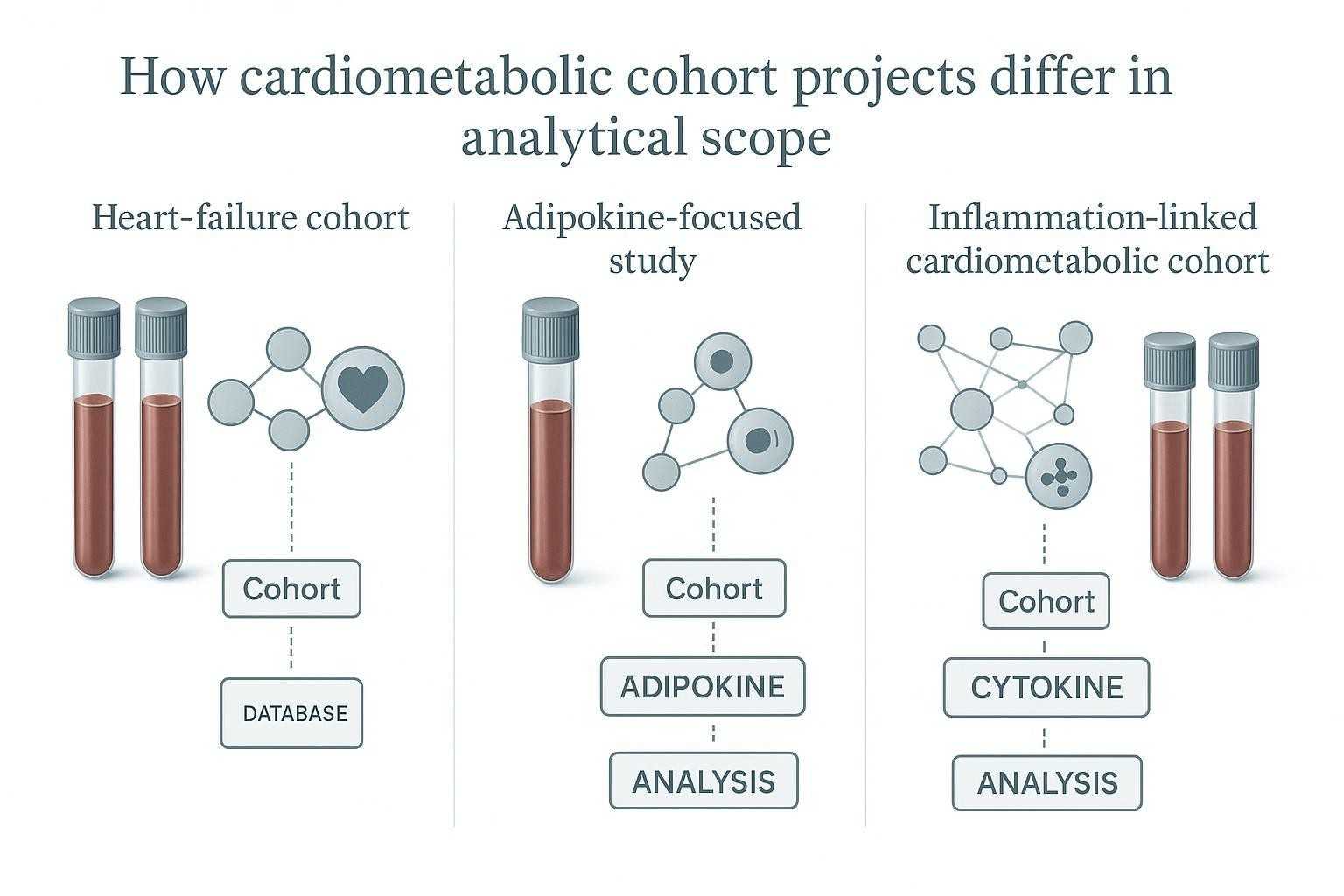 Figure comparing heart-failure cohort design, adipokine-focused studies, and inflammation-linked cardiometabolic cohort logic