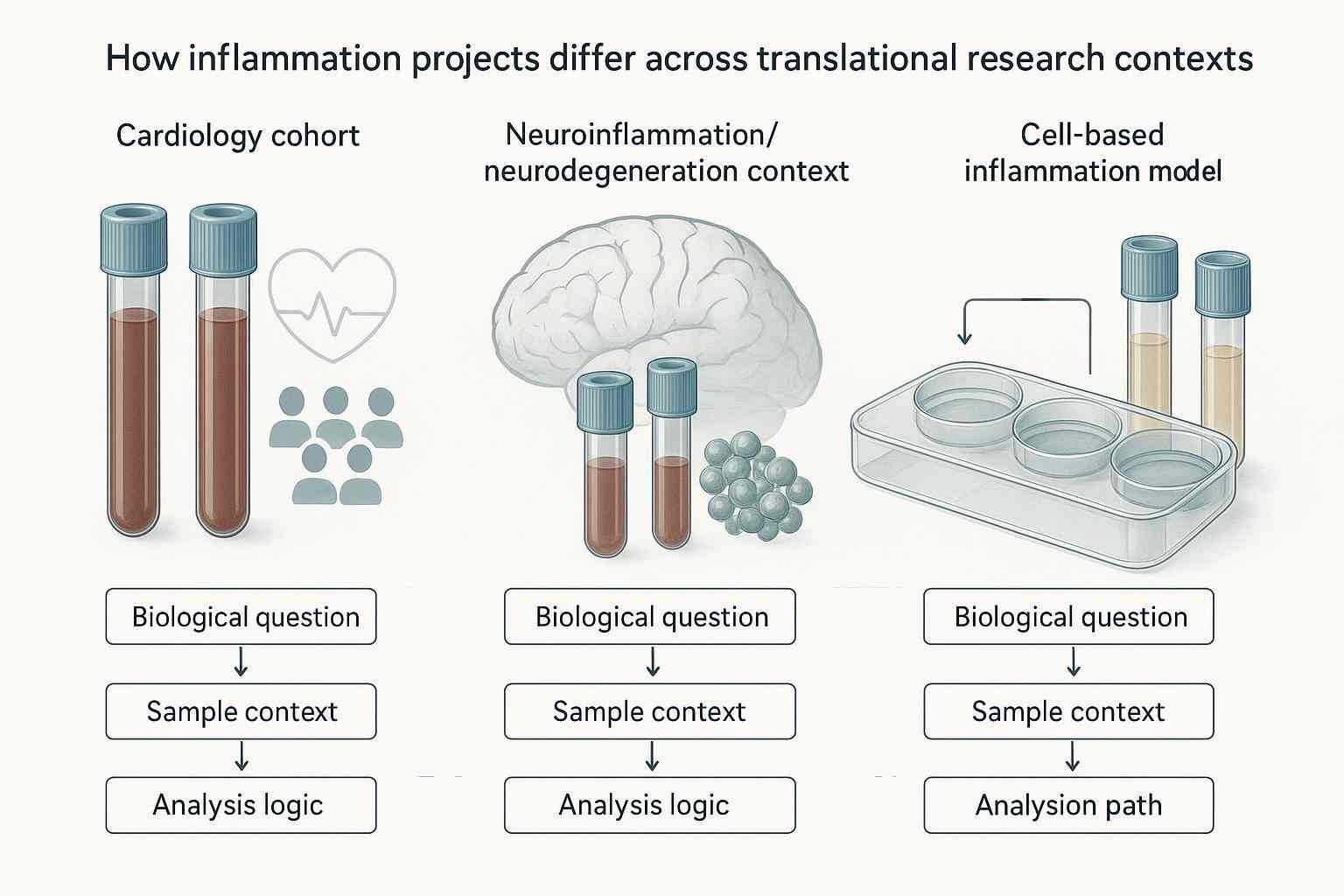Biomedical journal-style figure comparing inflammation project logic across cardiology cohorts, neuroinflammatory settings, and cell-based models with differing biological questions, matrices, and validation paths