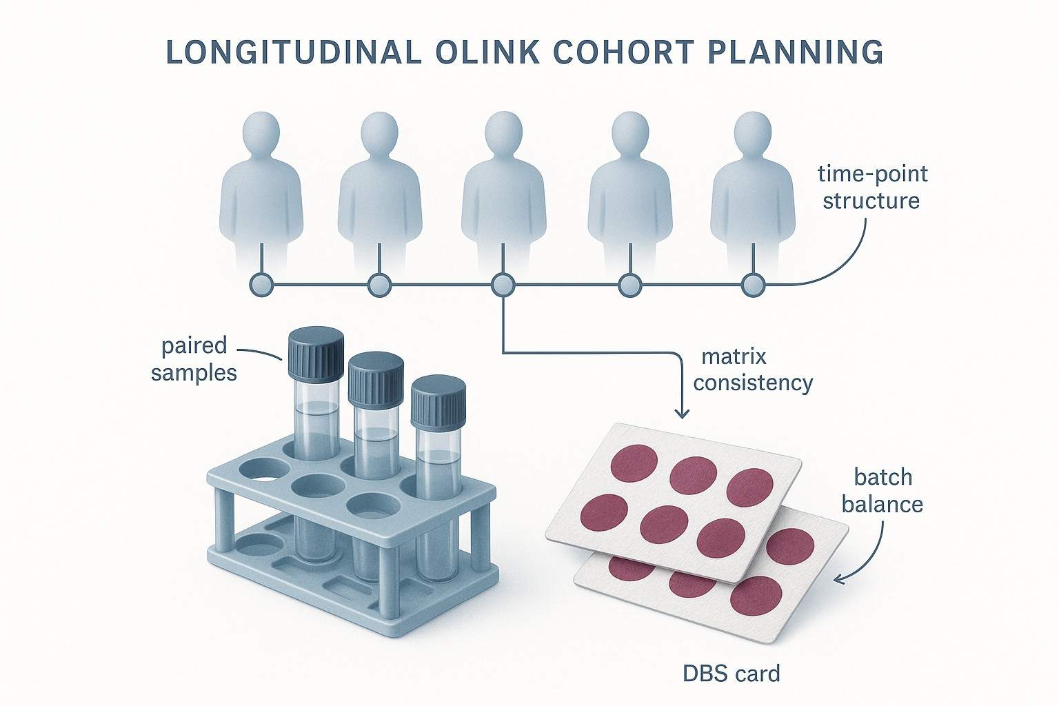 Scientific illustration showing key design dimensions in an Olink longitudinal cohort study, including repeated time points, sample matrix consistency, and batch structure.