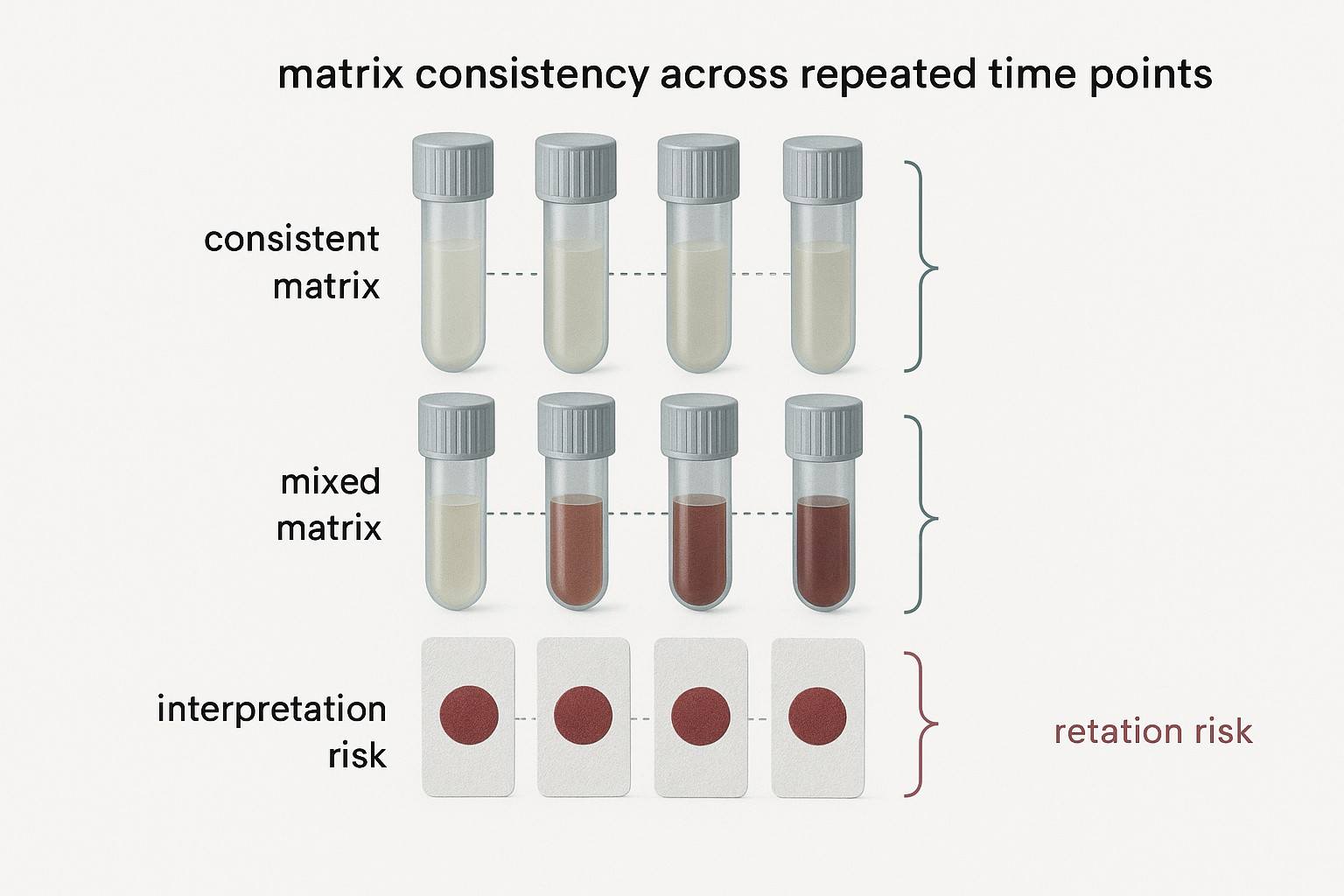 Scientific figure showing matrix consistency across repeated time points in a longitudinal Olink cohort, including plasma, serum, and DBS examples.