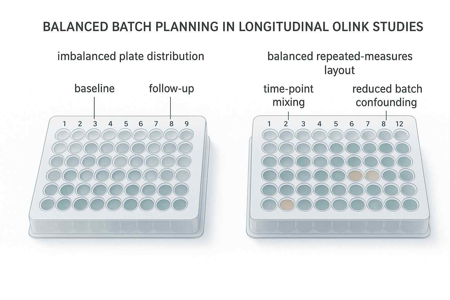 Scientific planning figure showing balanced versus unbalanced plate layout strategies in a longitudinal Olink cohort study.
