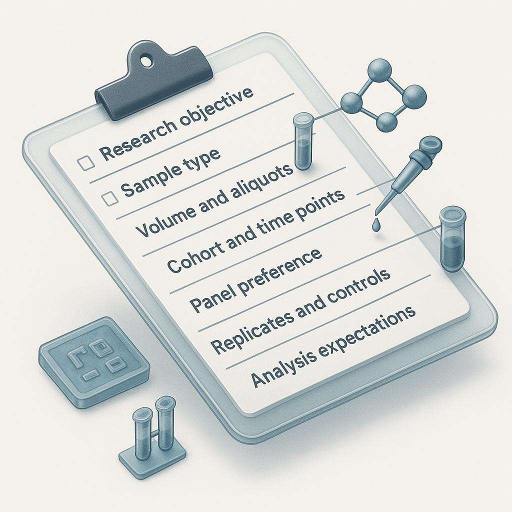 Figure 3: Composite scientific figure showing standard vs non-standard matrices and a longitudinal timeline with replicate decisions for Olink study planning.