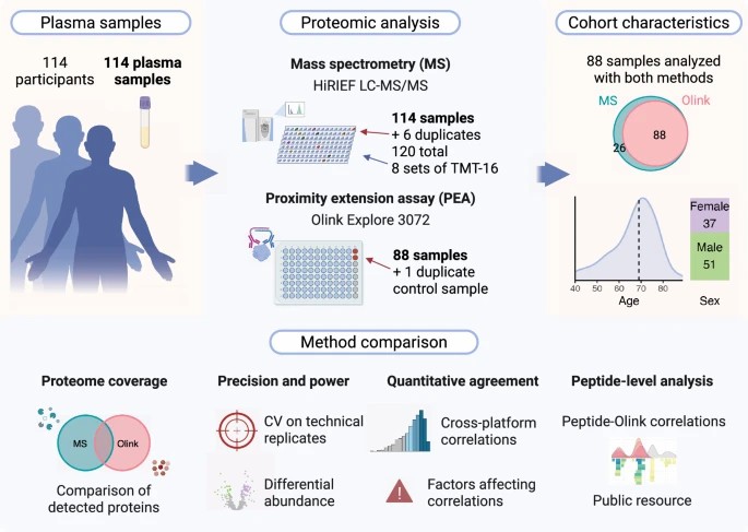 Comparative workflow diagram showing Olink Explore 3072 and mass spectrometry (LC-MS/MS) analysis of 114 plasma samples for proteomic coverage and cross-platform correlation.