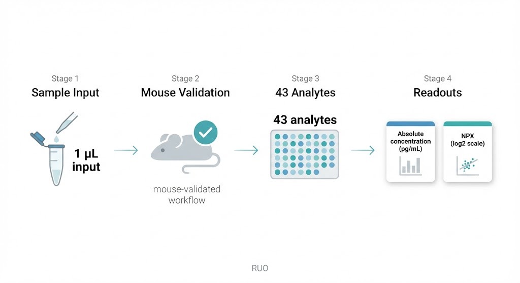 Diagram showing sample input (1 µL), mouse validation, 43 analytes, and absolute pg/mL/NPX readouts