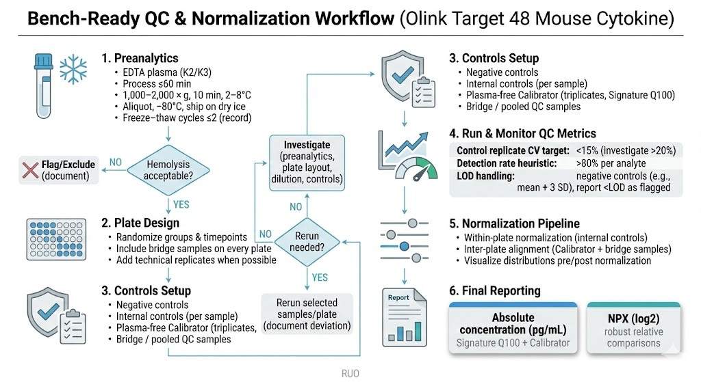 QC workflow for Olink Target 48 Mouse Cytokine showing preanalytics, controls/bridge samples, pass–fail checks, normalization, and pg/mL + NPX outputs.