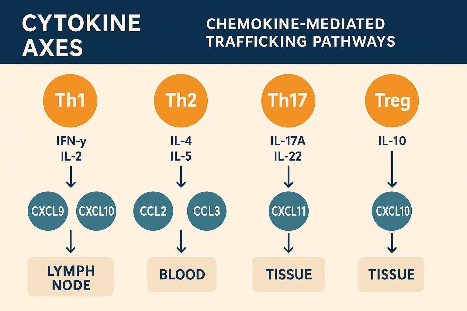 Diagram linking Th1/Th2/Th17/Treg cytokines to chemokines and trafficking routes