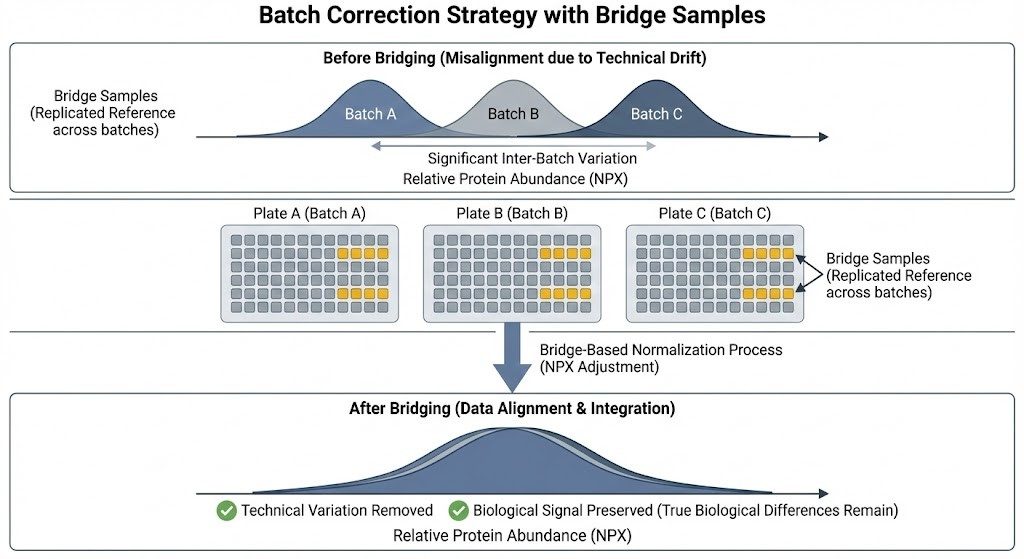 Schematic showing how bridge samples align misaligned data clusters from different batches, removing technical variation in large-scale proteomics.
