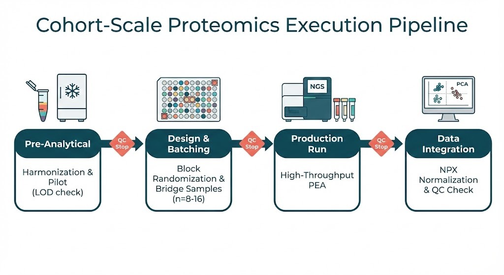 Workflow diagram for clinical proteomics: Pre-analytics, Batch Design, Production, and Data Integration with QC gates.