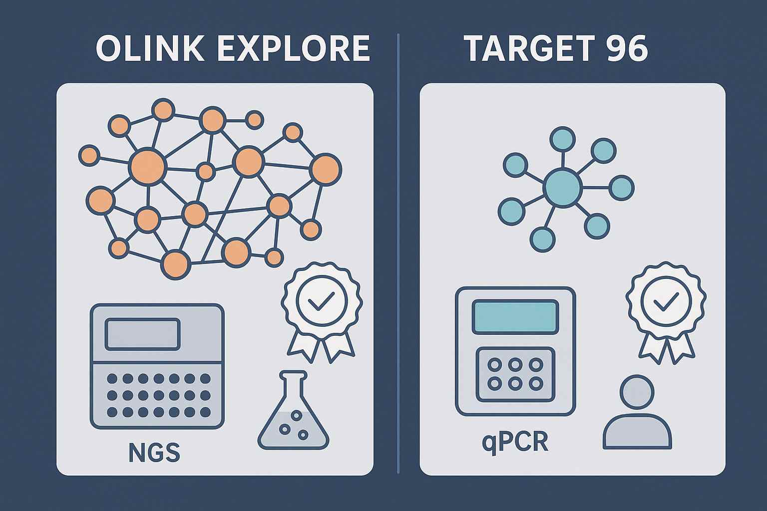 Comparison infographic of Olink Explore discovery breadth versus Target 96 validation focus