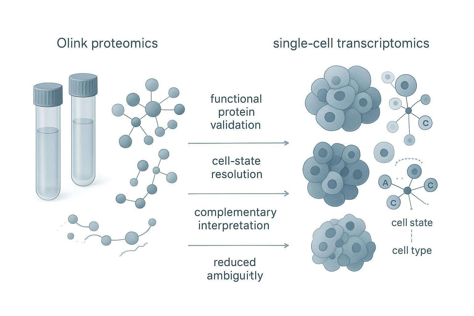 Comparison showing complementary contributions of Olink proteomics and single-cell transcriptomics in integrated study design.