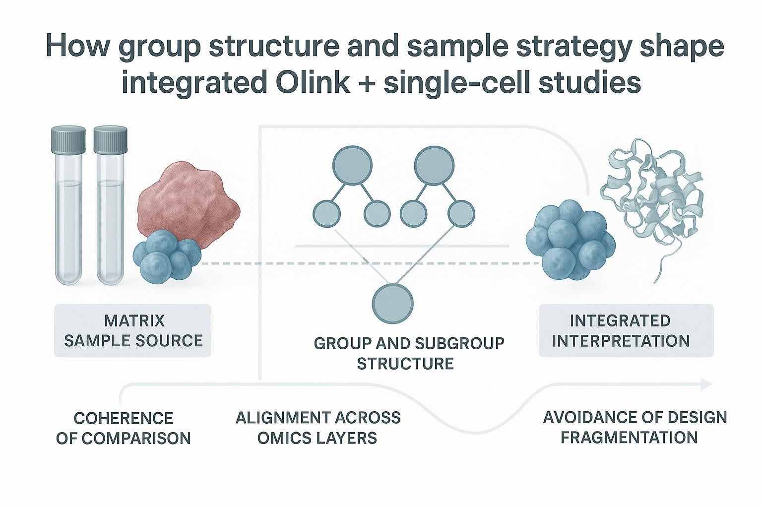 Diagram showing how matrix strategy, group structure, and aligned comparisons shape integrated Olink and single-cell study interpretability.